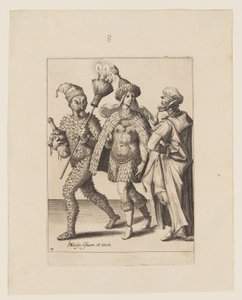 Een oude trommelaar richt zich tot een koppel gekleed in bladeren en vogelveren, uit De maskerades door Jacques de Gheyn II