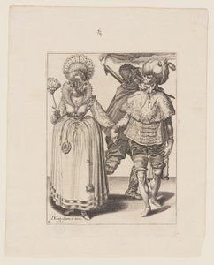 Man met tulband leidt een vrouw die pauwenveren draagt, achter hen een fakkeldrager, uit De maskerades door Jacques de Gheyn II