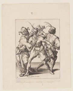 Drie dansende trommelaars en een nar, uit De maskerades