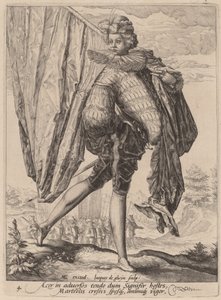 Soldaat gewapend met breedzwaard en schild door Jacques de Gheyn II after Hendrik Goltzius