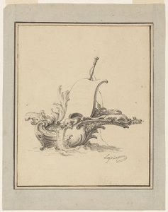 Ontwerp voor een wapenschild in de vorm van een boot met zeil, voor Recueil Nouveau de Differens Cartouches door Jacques de Lajoüe