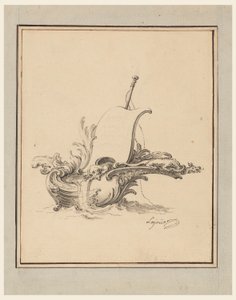 Tekening, Ontwerp voor een wapenschild in de vorm van een boot met zeil, voor Recueil Nouveau de Differens Cartouches, 1734 door Jacques de Lajoüe