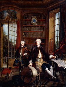 Portret van de zoon van de kunstenaar met zijn leraar, naar verluidt de kunstenaar Jean Baptiste de Courtonne de Jongere, in een bibliotheek door Jacques de Lajoüe