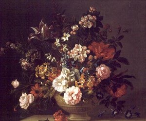 Rozen, tulpen en andere bloemen in een urn op een richel door Jakob Bogdani or Bogdany