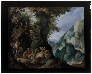 De verzoeking van Sint Antonius in een landschap door Jakob Isaaksz Swanenburgh