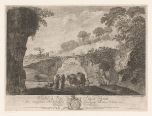 Berglandschap met een houten brug tussen twee rotsen