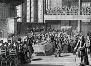 Anabaptisten diner, gravure door Jacobus van der Schley (1715-1779) uit Religieuze Ceremoniën en Gebruiken van Alle Volkeren van de Wereld door Jakob van der Schley