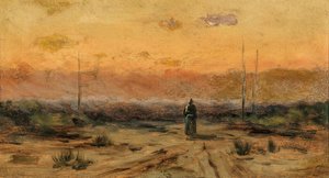 Vrouw aan de kust bij zonsopgang