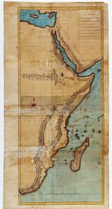 Kaart van Oost-Afrika (kaart van de route die de vloten van Salomo namen) - in "Reis naar Nubië en Abessinië ondernomen om de bronnen van de Nijl te ontdekken tijdens de jaren 1768 tot 1772", door James Bruce, Parijs door James Bruce