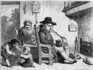 John Bull gelukkig: John Bull (typisch Engels personage, symbool van Engeland) thuis met zijn vrouw en kinderen. Gravure door Gilbert naar Gillray. In 