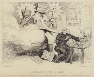 Een rat opsporen: Welshe filosoof, non-conformistische prediker en pamflettist Richard Price opgeschrikt door een gigantische brilneus die Edmund Burke voorstelt, die hem betrapt te midden van bewijzen van opruiing tegen kerk en staat door James (after) Gillray