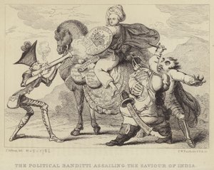 De politieke bandieten die de redder van India aanvallen: Warren Hastings, voormalig gouverneur van Bengalen, onder aanval van politici Edmund Burke, Charles James Fox en Lord North door James (after) Gillray