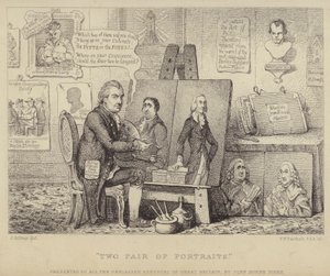 Twee paar portretten: anti-Whig cartoon met John Henry Tooke met portretten van Charles James Fox die ondeugd personifieert en William Pitt de Jongere die deugd vertegenwoordigt