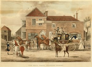 De postkoets wisselt van paarden, ca.1825 door James (after) Pollard