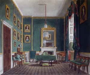 Groene terugtrekkamer, Gravure door Daniel Havell (1785-1826), Gebaseerd op ontwerp van James Stephanoff (ca 1788-1874), Uit The History of the Royal Residences door James (after) Stephanoff