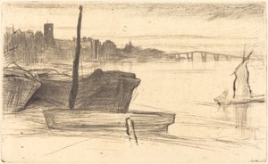 Chelsea Bridge en Kerk, ca. 1870-1871 door James Abbott McNeill Whistler