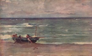 Harmonie in blauw en zilver: Het strand de boot, Etretat, ca. 1897