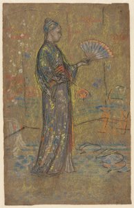 Japanse vrouw schildert een waaier recto, staande vrouw houdt haar jurk omhoog verso, c. 1872