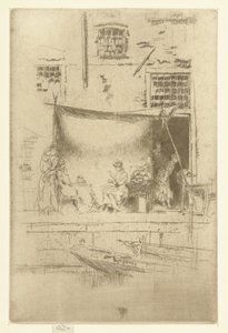 Vrouwen onder een zonnescherm op de kade door James Abbott McNeill Whistler