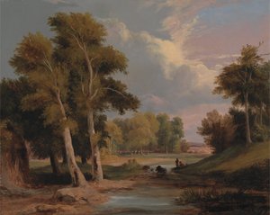 Bosrijk rivierlandschap met vissers