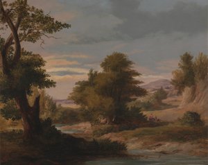 Een bebost rivierlandschap met moeder en kind