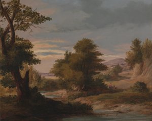 Bosrijk rivierlandschap met moeder en kind