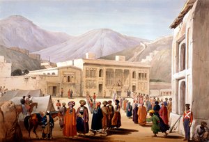 Shah Shoja, marionet van de Britten, houdt een durbar in Kabul, Eerste Anglo-Afghaanse Oorlog door James Atkinson