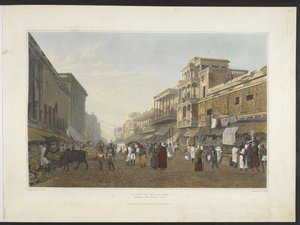 Een uitzicht in de Bazaar, leidend naar de Chitpore Road, uit 