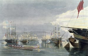 Een uitzicht op de rivier, schepen en stad Calcutta, vanaf Smiths Dock, 1837, gegraveerd door Robert Havell de Jongere