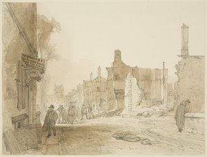 Ruïnes van het Stadhuis en Douanehuis in Queen Square na de rellen