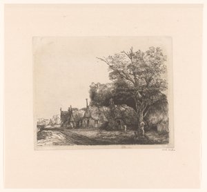 Landschap met drie huisjes met puntgevels langs een weg