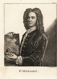 Portret van Peter Monamy, Engelse marineschilder met een maritiem tafereel door James Bretherton