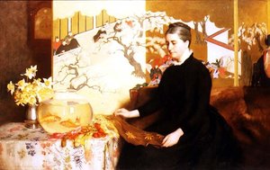 Dame met Japans scherm en goudvis (Portret van de moeder van de kunstenaar) door James Cadenhead
