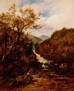 Visser bij een beboste waterval door James Charles Ward