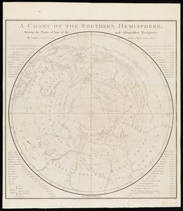 Een kaart van het zuidelijk halfrond; met de routes van enkele van de meest vooraanstaande ontdekkingsreizigers, door Kapitein James Cook, van Zijne Majesteits Marine