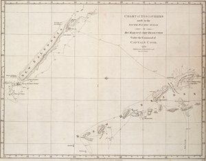 Kaart van ontdekkingen in de Zuidelijke Stille Oceaan in het schip 