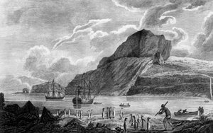 Kerguelen eiland, uitzicht op Kerstmisbaai, tekening door William Hodges, gravure door William Watts, illustratie uit Voyage towards South Pole, and Round World, door James Cook (1728-1779) door James Cook