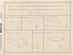 Schetsen van de eilanden Lagoon, Thrum-Cap, Bow-Island, de Twee Groepen, Bird Island en Chain Island, gelegen in de Zuidzee... ontdekt in april 1769