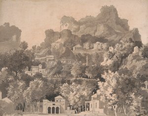 Rotsachtig landschap met klassieke gebouwen door James Deacon