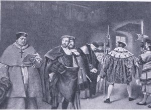 Ontslag van Kardinaal Wolsey door Koning Hendrik VIII, uit Cassells Geschiedenis van het Britse Volk gepubliceerd door de Waverley Book Company, ca. 1950s