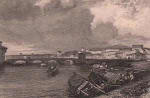 Uitzicht op de Arno-rivier in Pisa, Toscane, Italië, gravure door Thomas Higham naar tekening van James Duffield Harding door James Duffield Harding