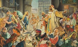 Jezus verwijdert de geldschieters uit de tempel (gouache op papier)
