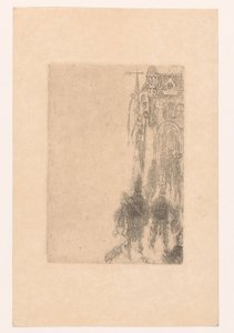 Figuren lopen richting een poort met vlees en vis door James Ensor