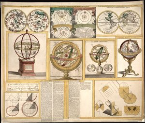 Verzameling van negen afbeeldingen waaronder astronomische instrumenten, hemelkaarten en een wereldkaart. LOC 2013593153