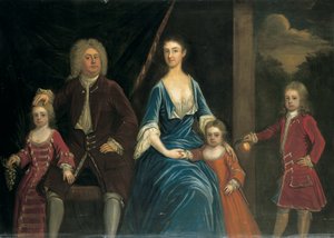 Groepsportret van Henry, 5e Lord Arundell van Wardour en zijn vrouw Elizabeth, samen met hun kinderen, in een interieur, een landschap op de achtergrond door James Francis Maubert