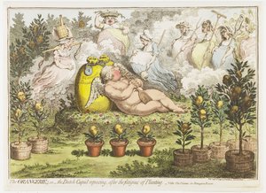 De Orangerie: De Hollandse Cupido, uitrustend van de vermoeienissen van het planten, 1796 door James Gillray (signed by artist)