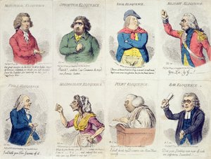 8 vignetten die welsprekendheid uitbeelden, gepubliceerd door Hannah Humphrey in 1795 door James Gillray