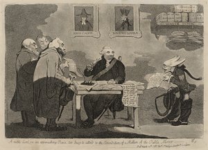Een Edel Heer over een naderende Vrede te druk om zich bezig te houden met de uitgave van een miljoen van het publieke geld [verso] door James Gillray
