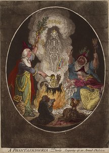 Een Fantasmagorie; - Scène - Het oproepen van een gewapend skelet, 5 januari 1803 door James Gillray