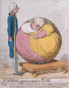 Een bol die tegen een vlak projecteert, uitgegeven door Hannah Humphrey in 1792 (handgekleurde ets)